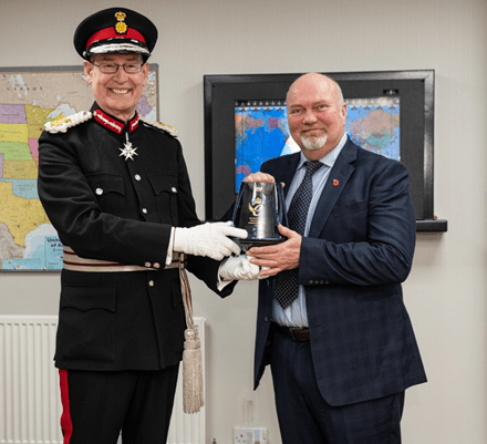 Ed Anderson, Lord Lieutenant of West Yorkshire presenting award to James Fawkes, Chairman of AES Ltd